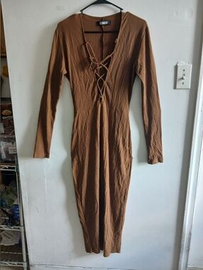 Reformation Lace-Up Ribbed Long Sleeve Dress - Brown